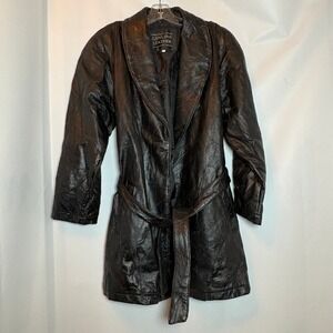 Vtg 80s Italian Stone Design Leather Belted Trench Coat Women Size S Black